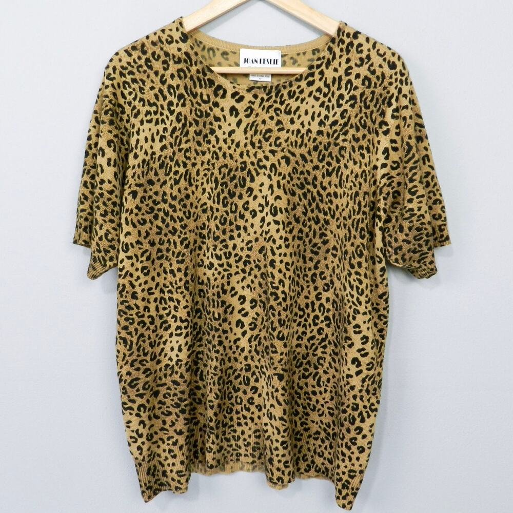 Vintage 90s Joan Leslie Leopard Print Knit Sweater Size 1X Short Sleeve Pullover
